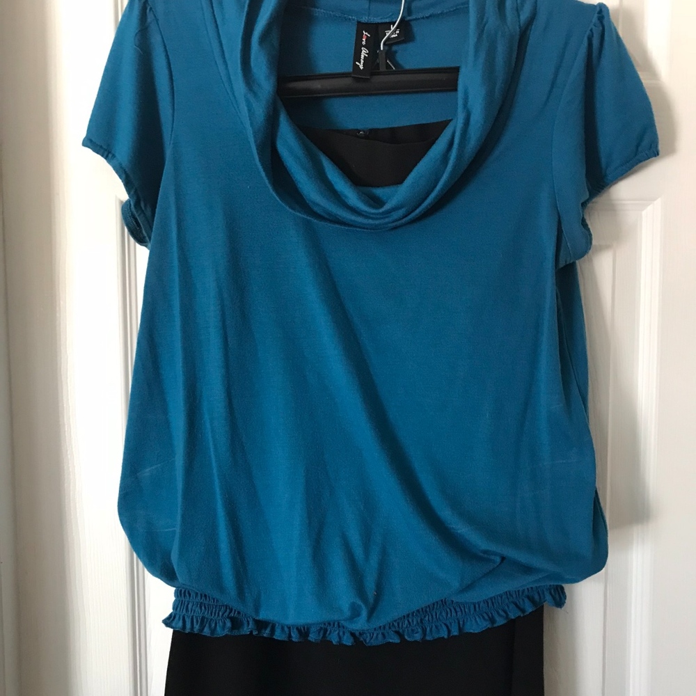 Black Skirt with Teal Blue Knit Top